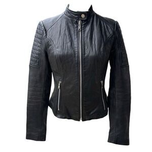 Wilsons Genuine Leather Motor Jacket Black Full Zip Quilted Shoulder Size XS VTG
